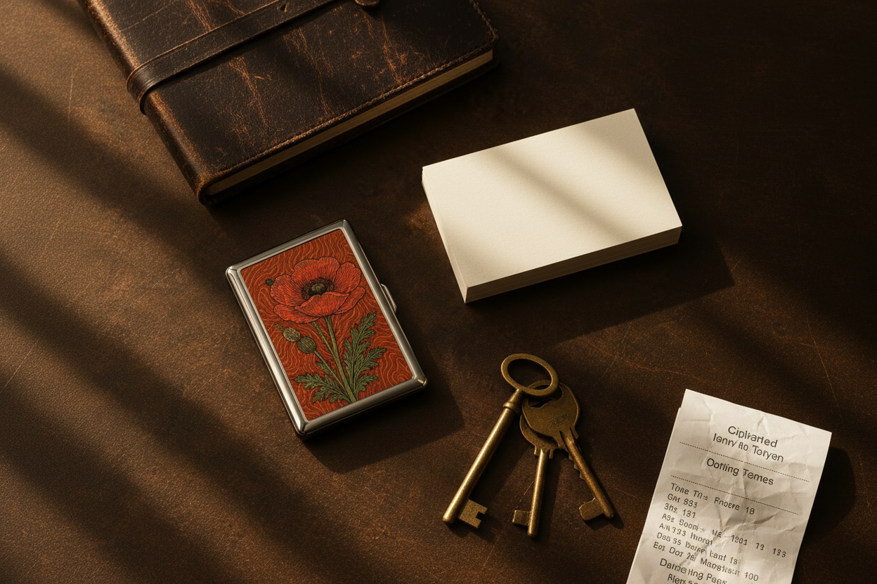 PocketVault case on a walnut desk beside cards, brass keys and a leather notebook