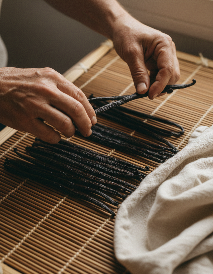 Hands sorting long cured black vanilla beans on a woven bamboo mat