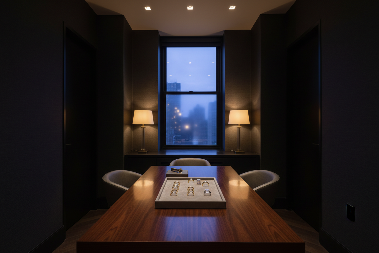 Private LEIBISH consultation room with a walnut table and suede jewelry tray at dusk