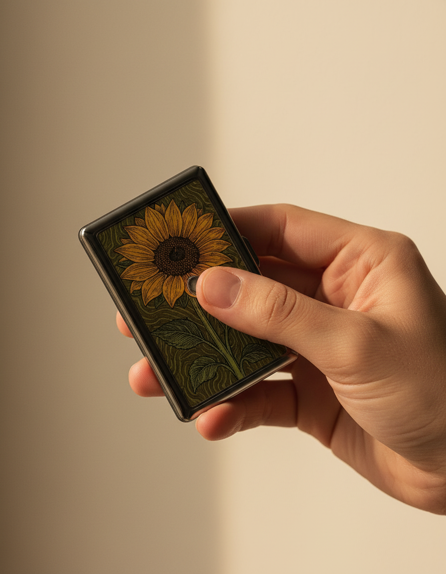 A hand holding the PocketVault case, thumb resting on the snap clasp