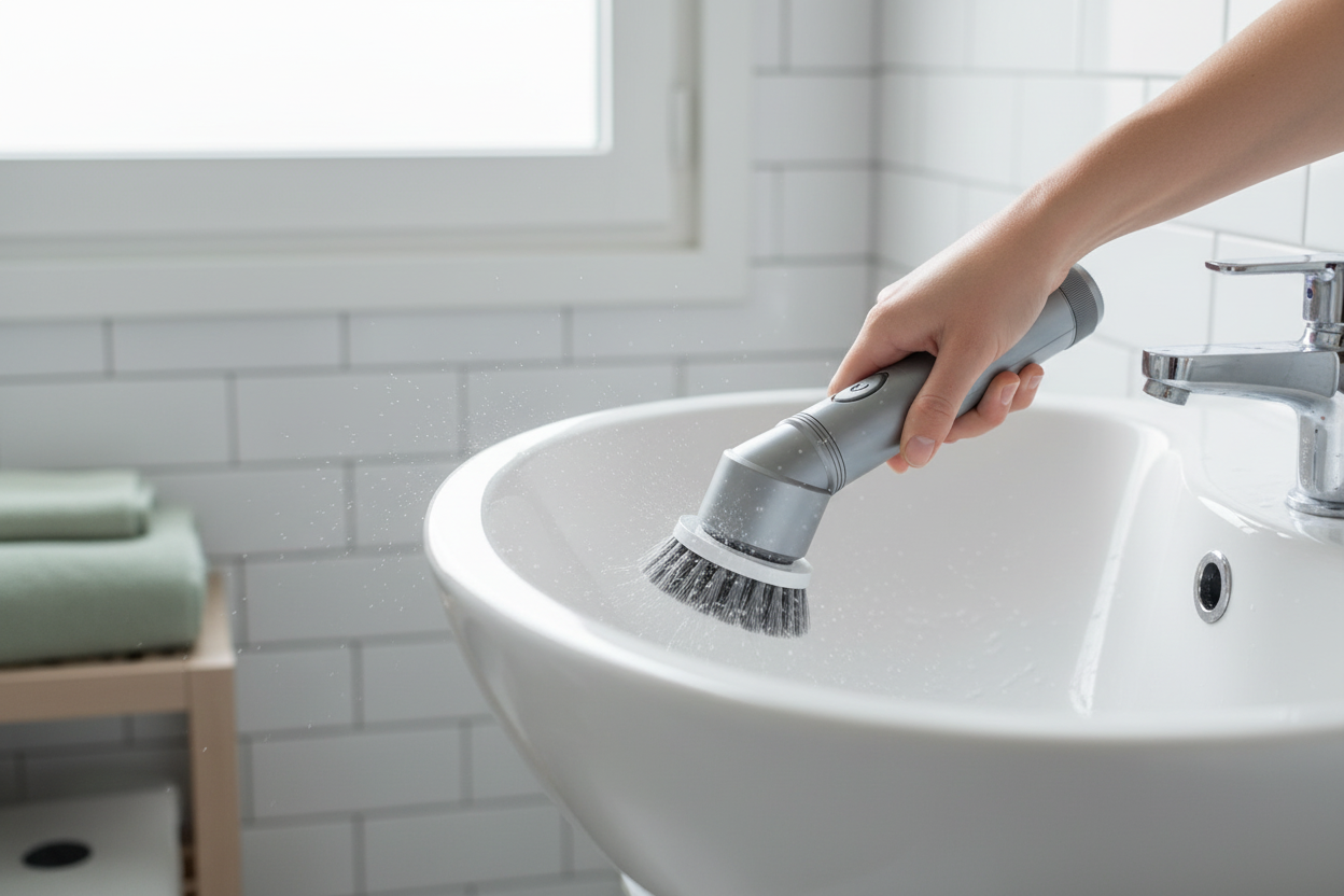 Brosse de nettoyage électrique argentée utilisée à la main sur un lavabo blanc