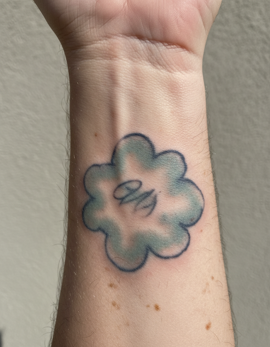 A small tattoo on a wrist whose black outline has blurred and whose fill has turned a hazy blue-green