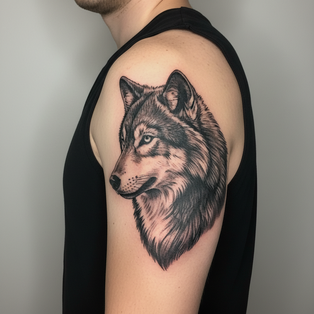 Black and grey wolf portrait tattoo on an upper arm looking cloudy grey and low contrast before daily balm use