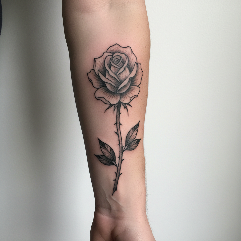 Black and grey rose tattoo on an inner forearm looking pale, dusty grey and soft-edged before daily balm use