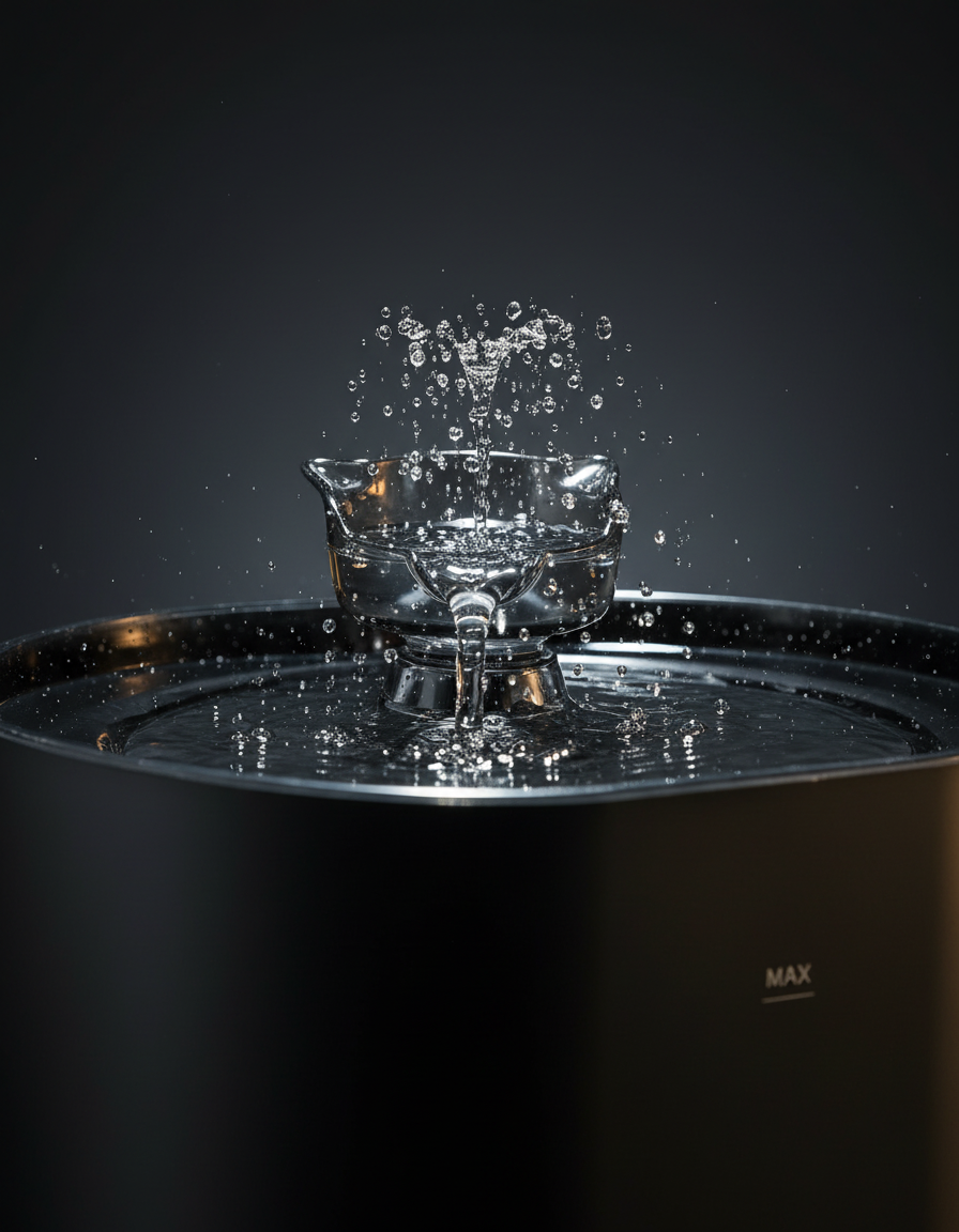 Close-up of filtered water streaming from the fountain spout into the pool below