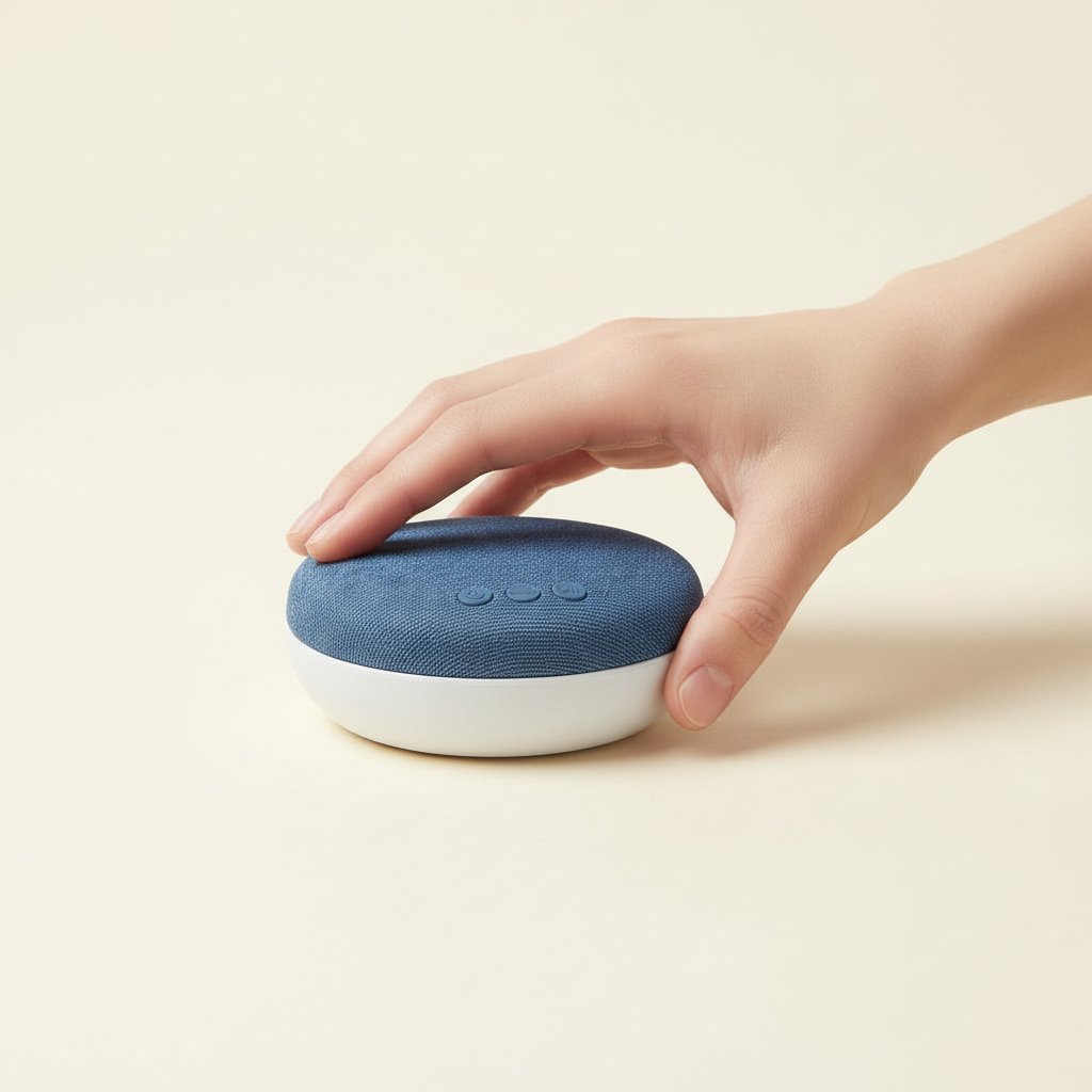 HaloPillow Speaker held between fingertips, showing its palm-sized scale