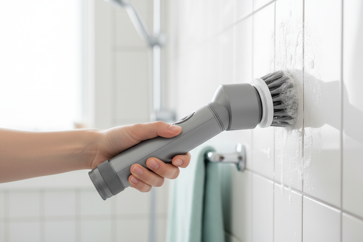 Nettoyage des joints d'un carrelage de salle de bain avec la brosse rotative