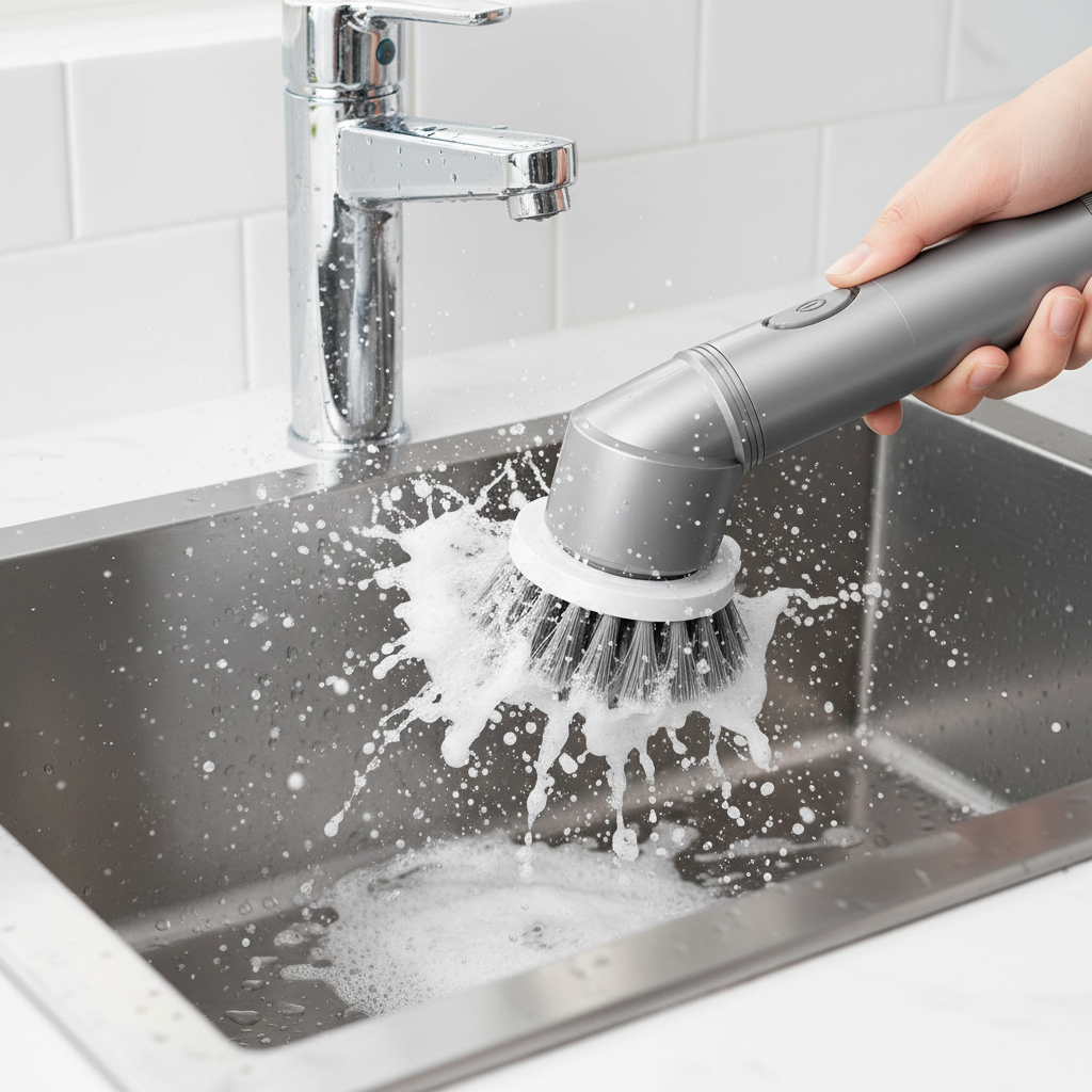 Brosse électrique nettoyant la mousse dans un évier de cuisine en inox