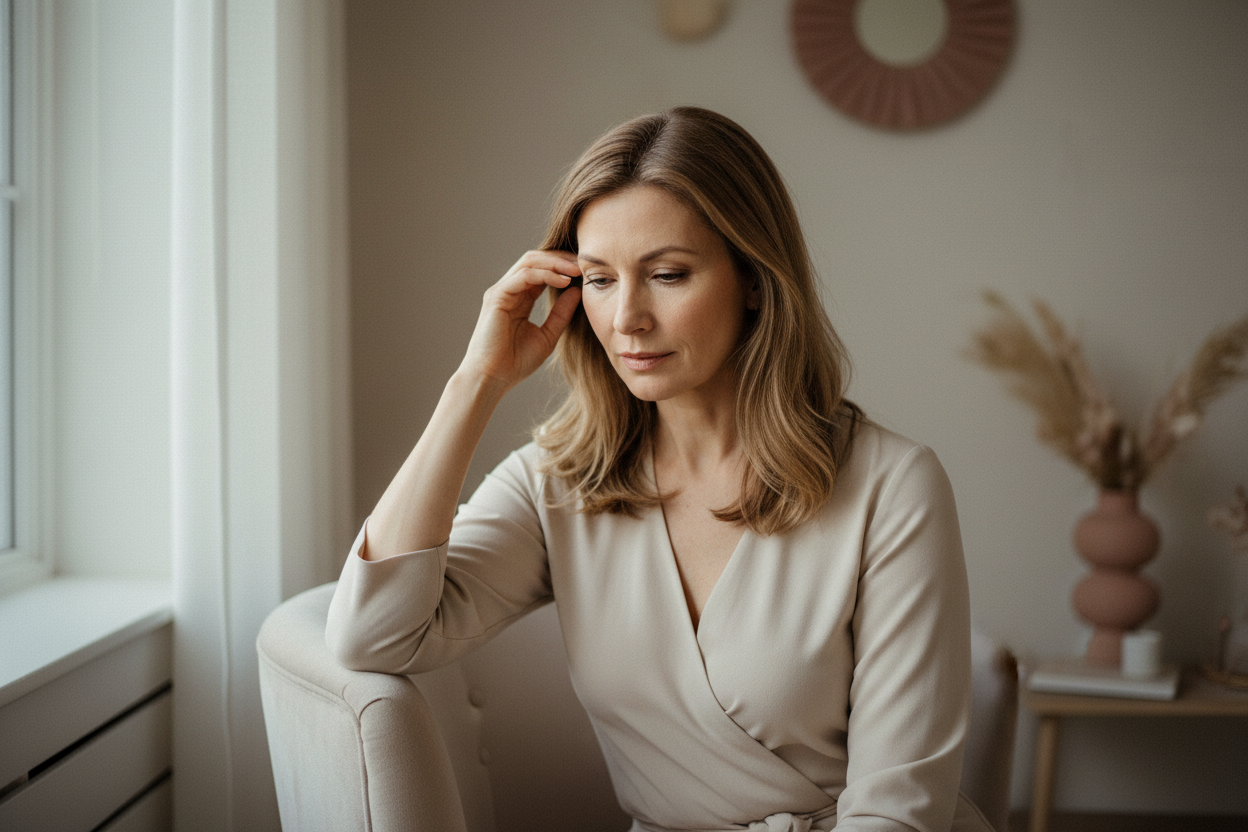 A woman in her early fifties sitting by a window, gently lifting the hair at her part line