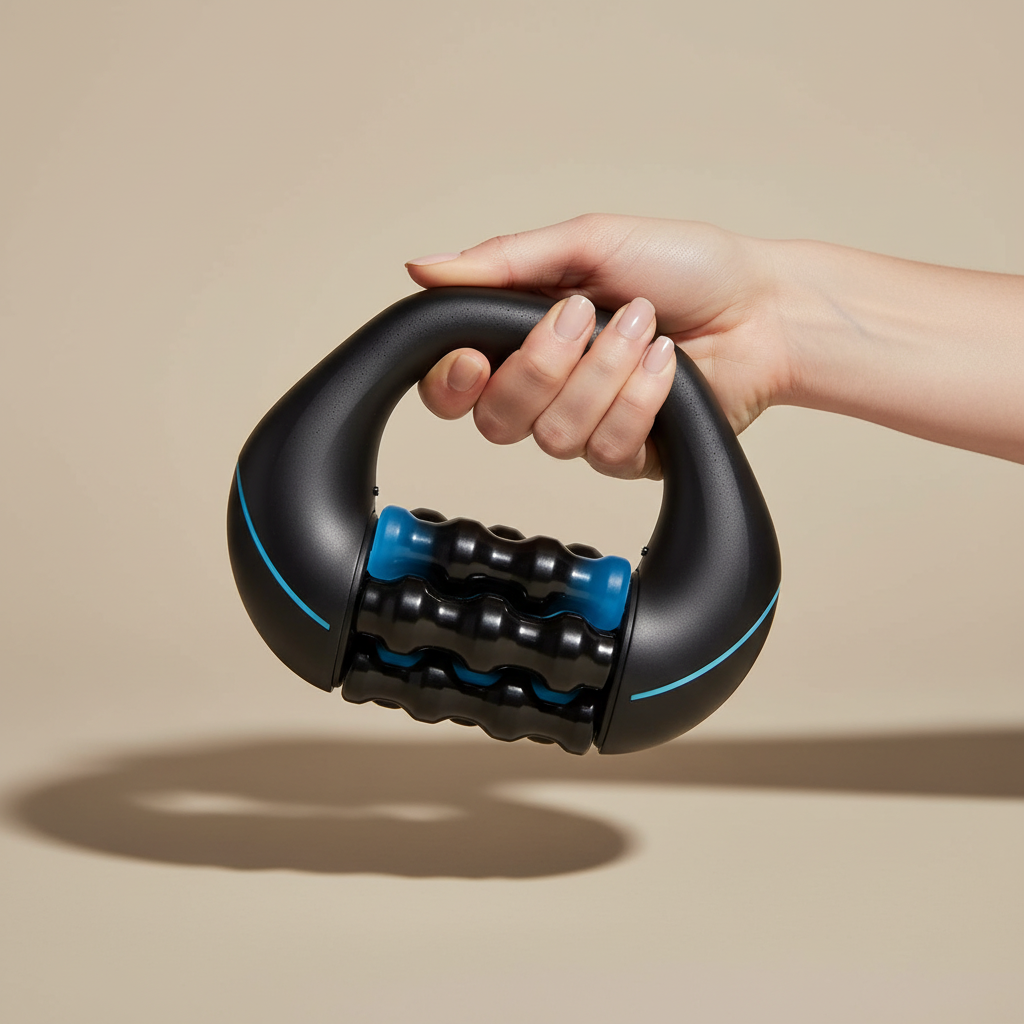 Hand gripping the matte black rotating massager against a greige backdrop