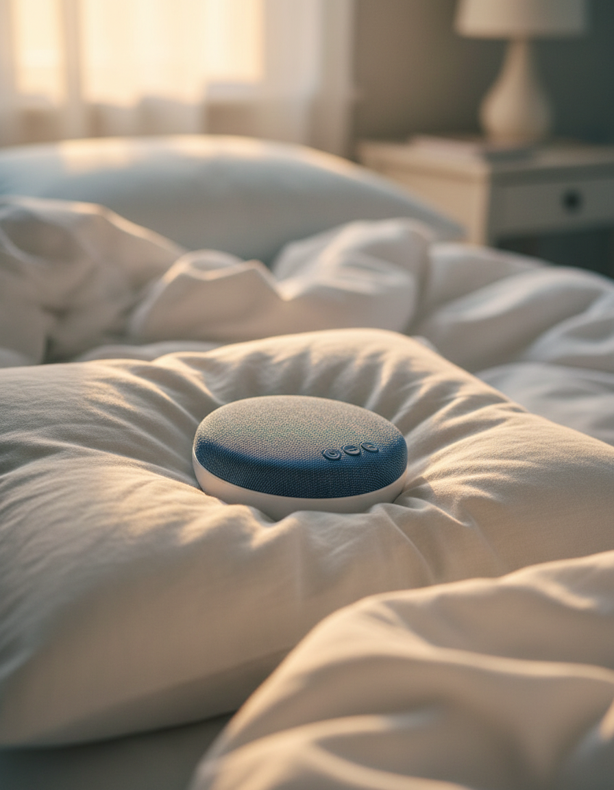 HaloPillow Speaker nestled into a soft white pillow on an unmade bed at dusk