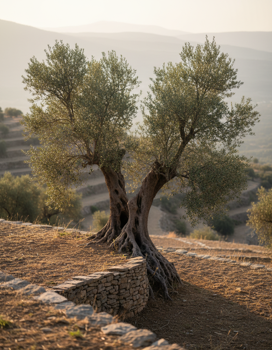 Ancient olive tree with deep roots on a terraced Palestinian hillside at golden hour