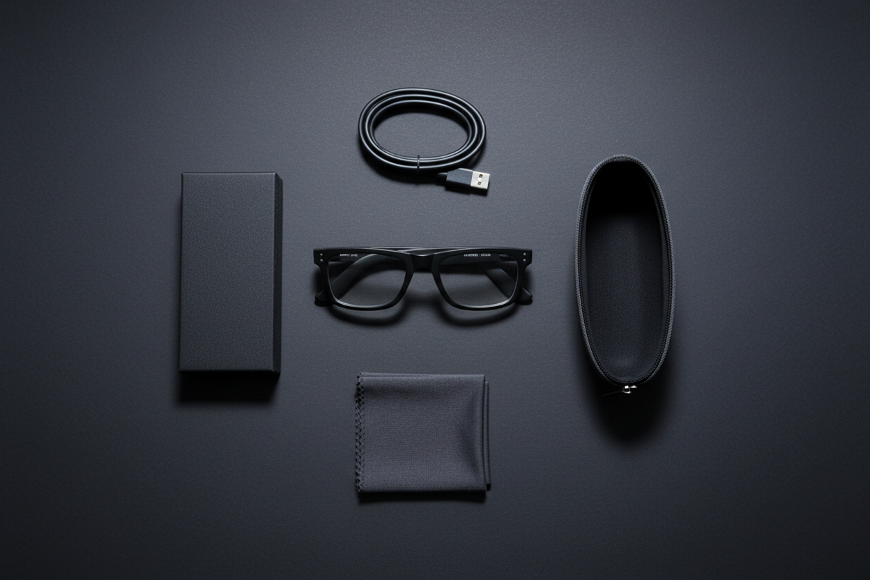 Everything included with NEXVO One laid out on a dark surface: the glasses, a zip carrying case, a charging cable and a cleaning cloth