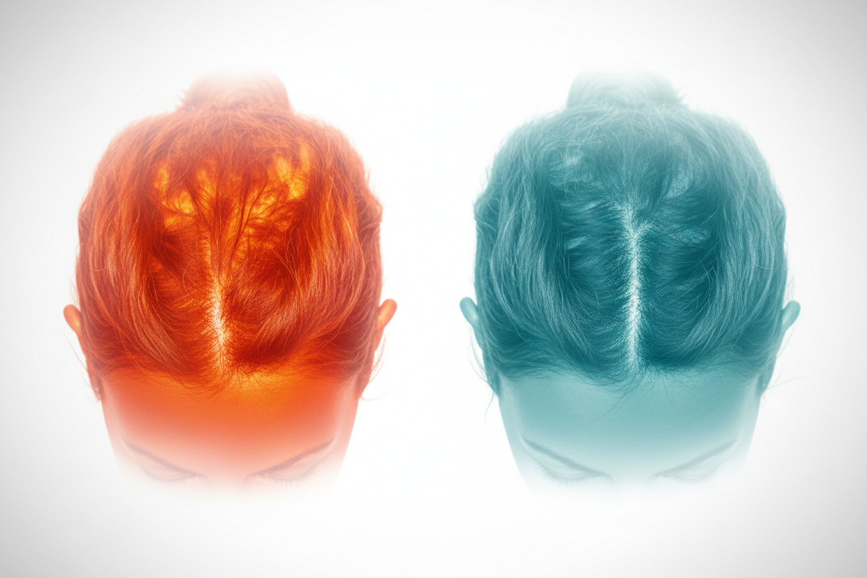 Thermal-style comparison of two scalps seen from above, one showing warm dense circulation and one showing cool reduced circulation along a widened part