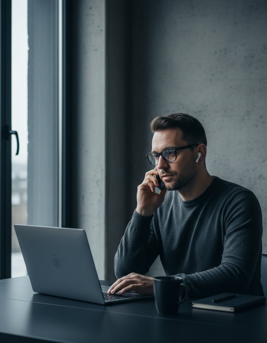 A man wearing NEXVO One glasses working at a dark minimal desk