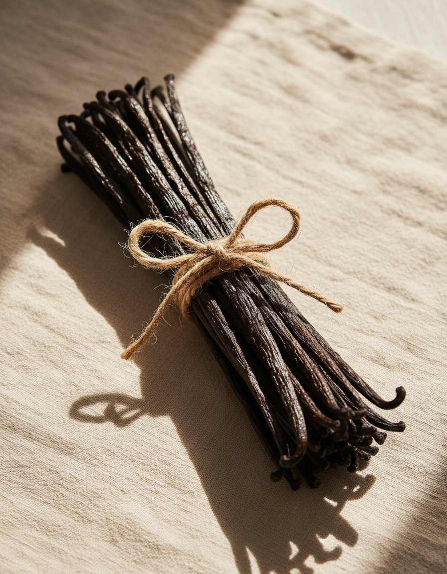Bundles of long cured black vanilla beans tied with jute twine on cream linen