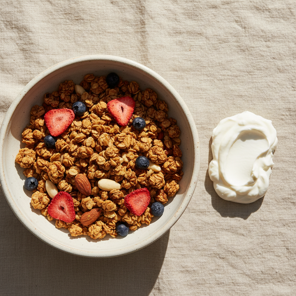 Bowl of granola with berries and almonds