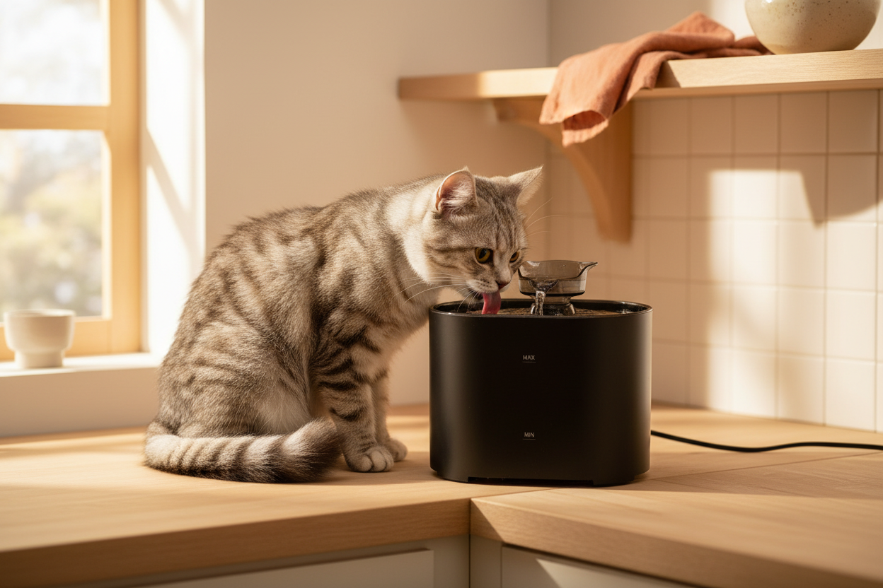 A grey tabby cat drinking from the fountain in a sunlit kitchen corner