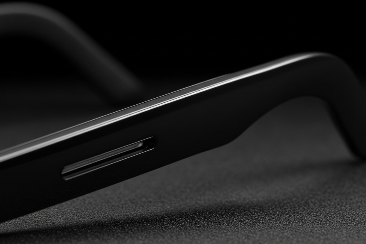 Macro view of the NEXVO One temple arm showing the slim speaker outlet and the touch surface
