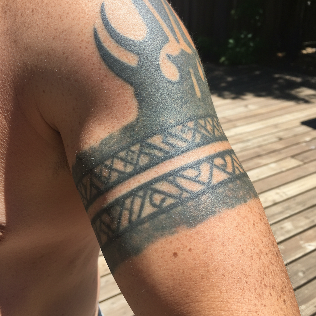 Old tribal armband tattoo on a bicep, the black bands faded to dull blue-green with blurred edges
