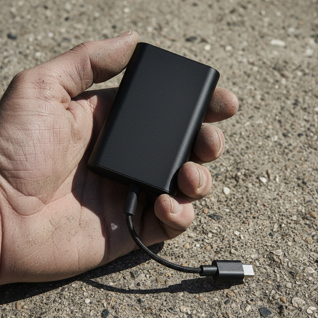 Dusty hand holding the vest's rechargeable battery pack