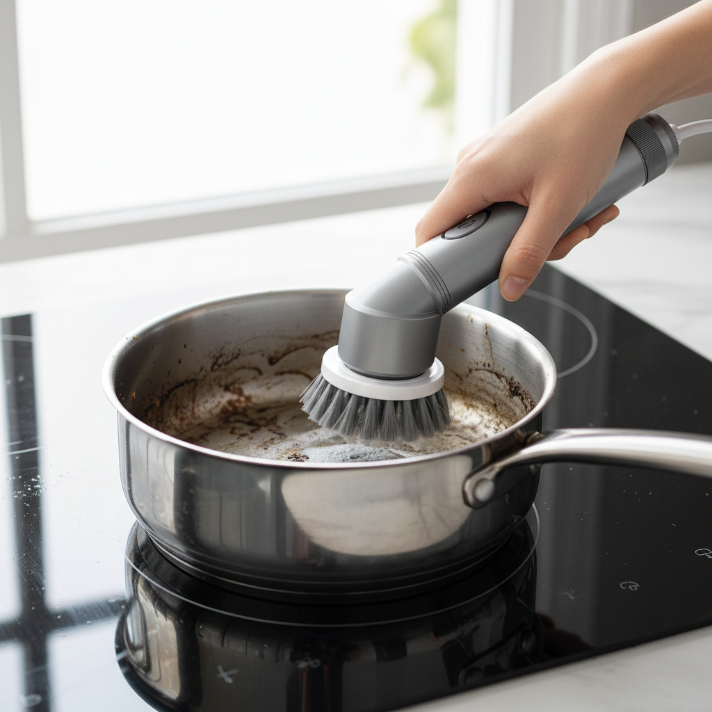 Brosse électrique nettoyant le fond brûlé d'une casserole en inox posée sur une plaque