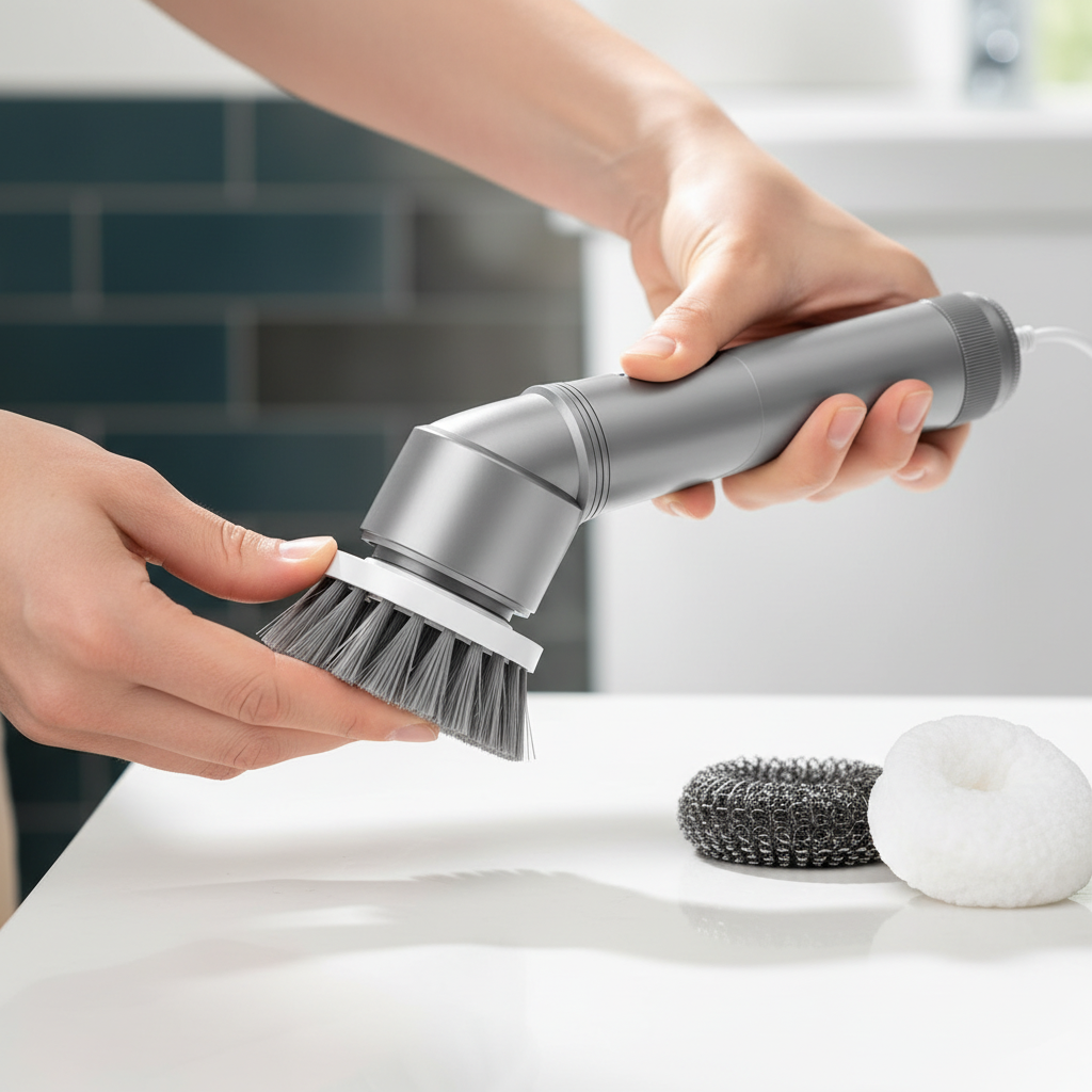 Deux mains clipsant une tête de brosse ronde sur le manche de la brosse de nettoyage