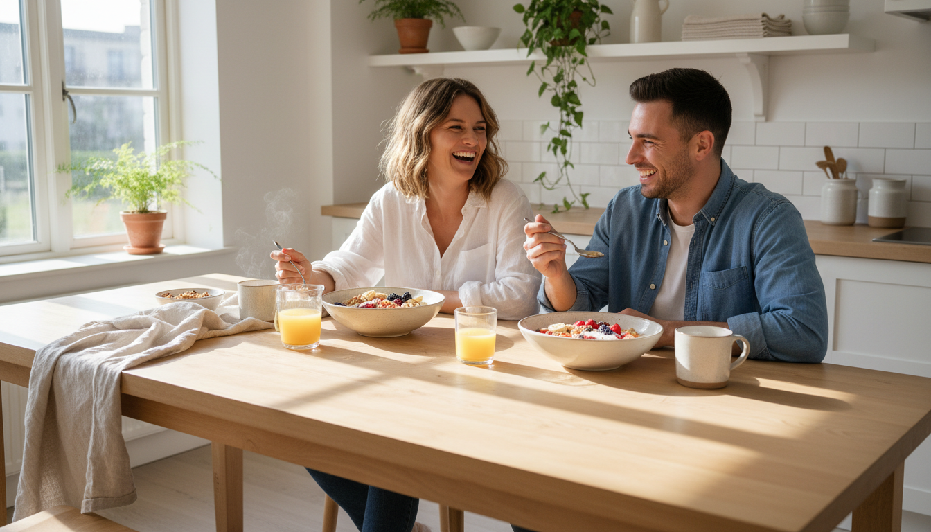 Two people laughing over bowls of granola in a sunlit kitchen