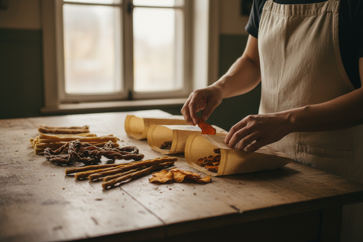 Hands packing natural single-ingredient dog chews into kraft pouches on a wooden work table