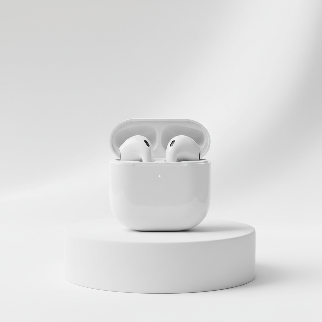 Open white charging case presented on a white pedestal