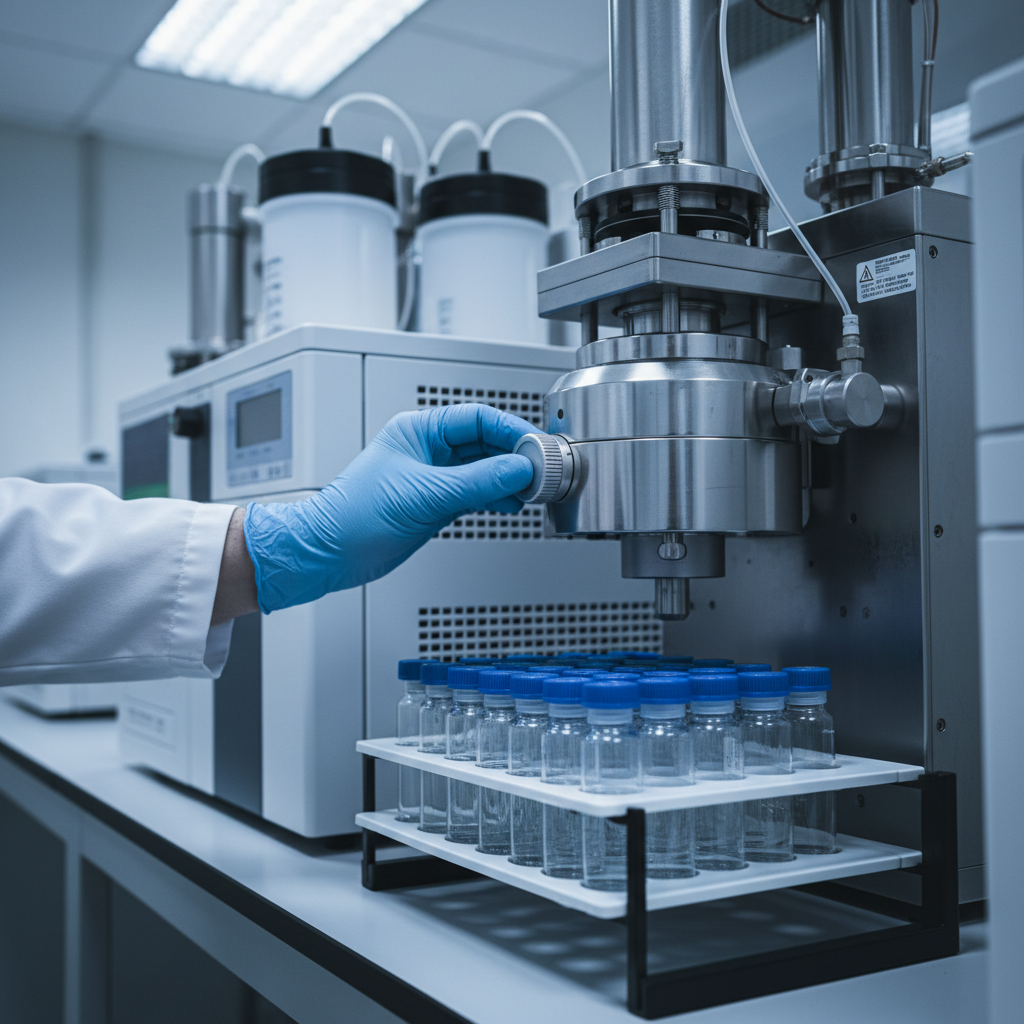HPLC analytical instrument with a rack of clear sample vials being prepared in a laboratory