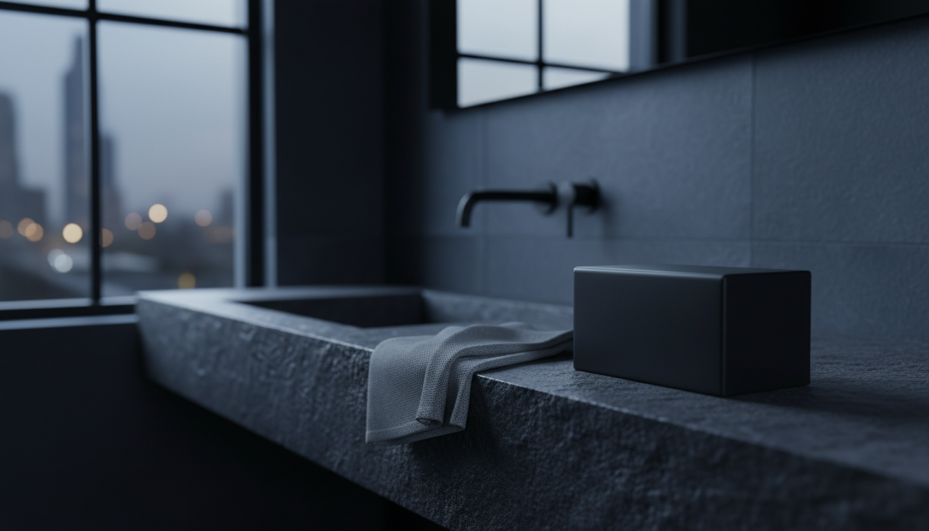 Baño moderno con paquete de pañitos húmedos sobre el mesón