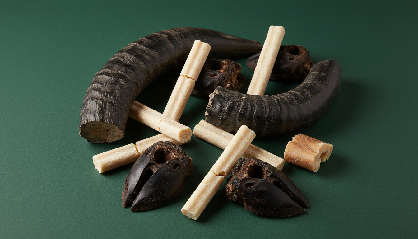 Assorted natural dog chews arranged on a dark green surface