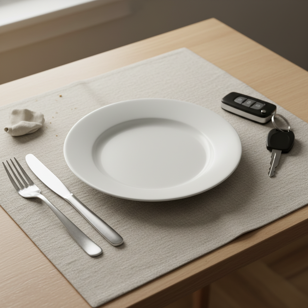 Empty plate with cutlery and car keys