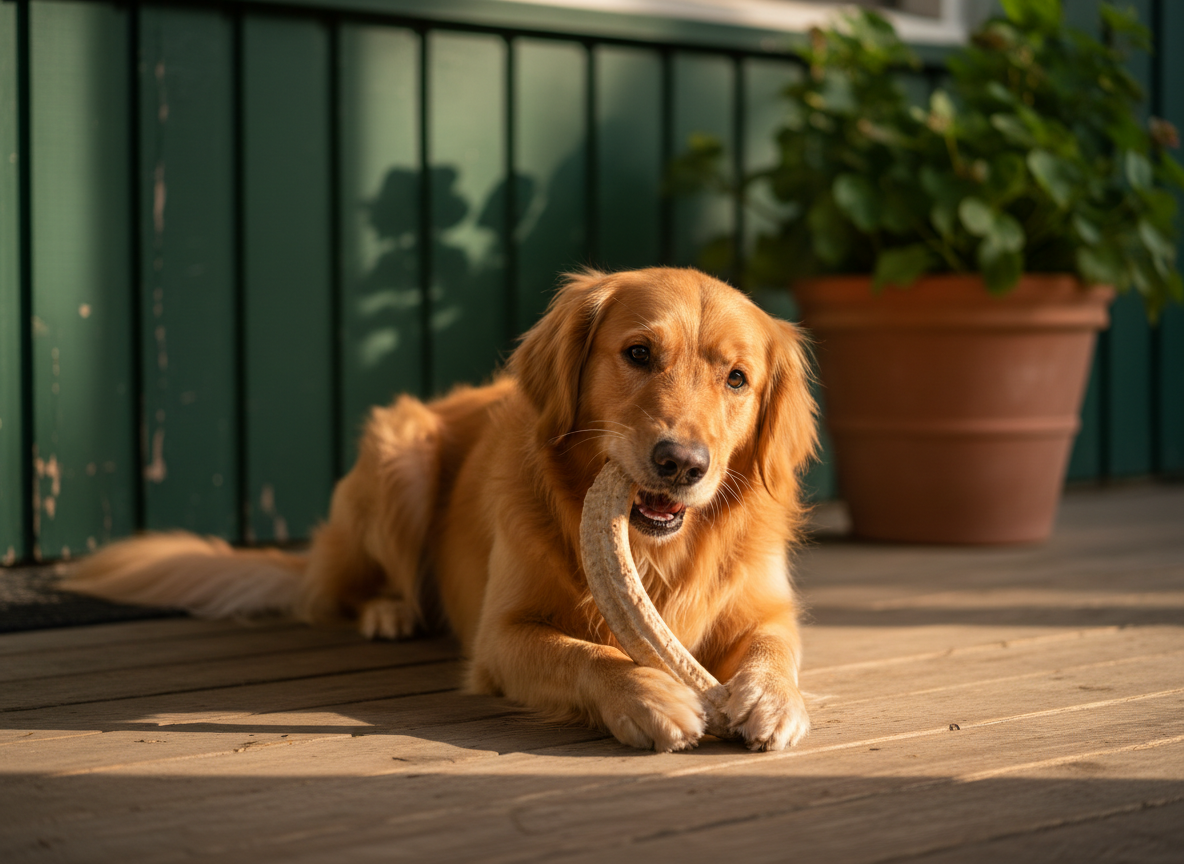 A golden retriever resting on a sunlit porch, happily working on a natural horn chew