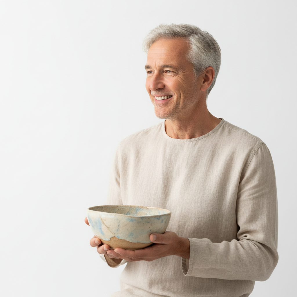 Silver-haired man holding a ceramic bowl