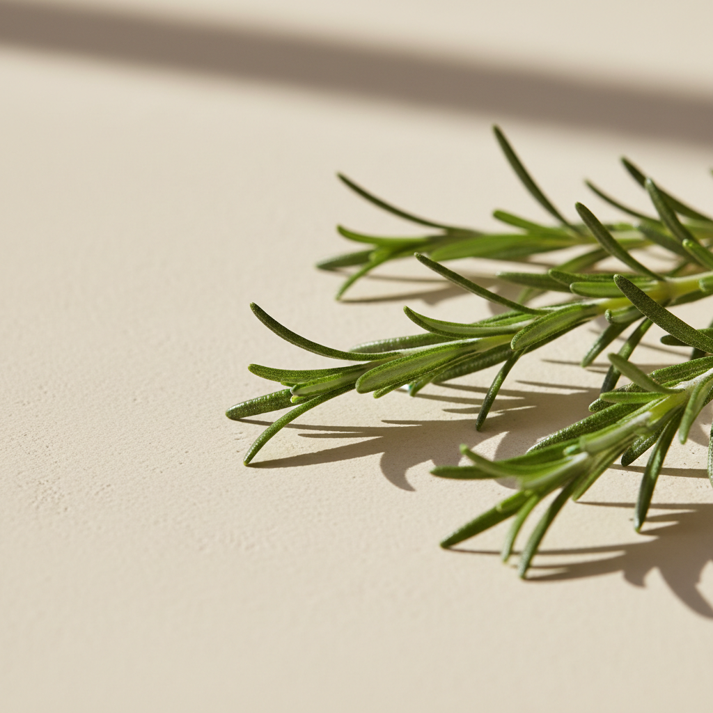 Fresh rosemary sprigs photographed on a pale plaster surface