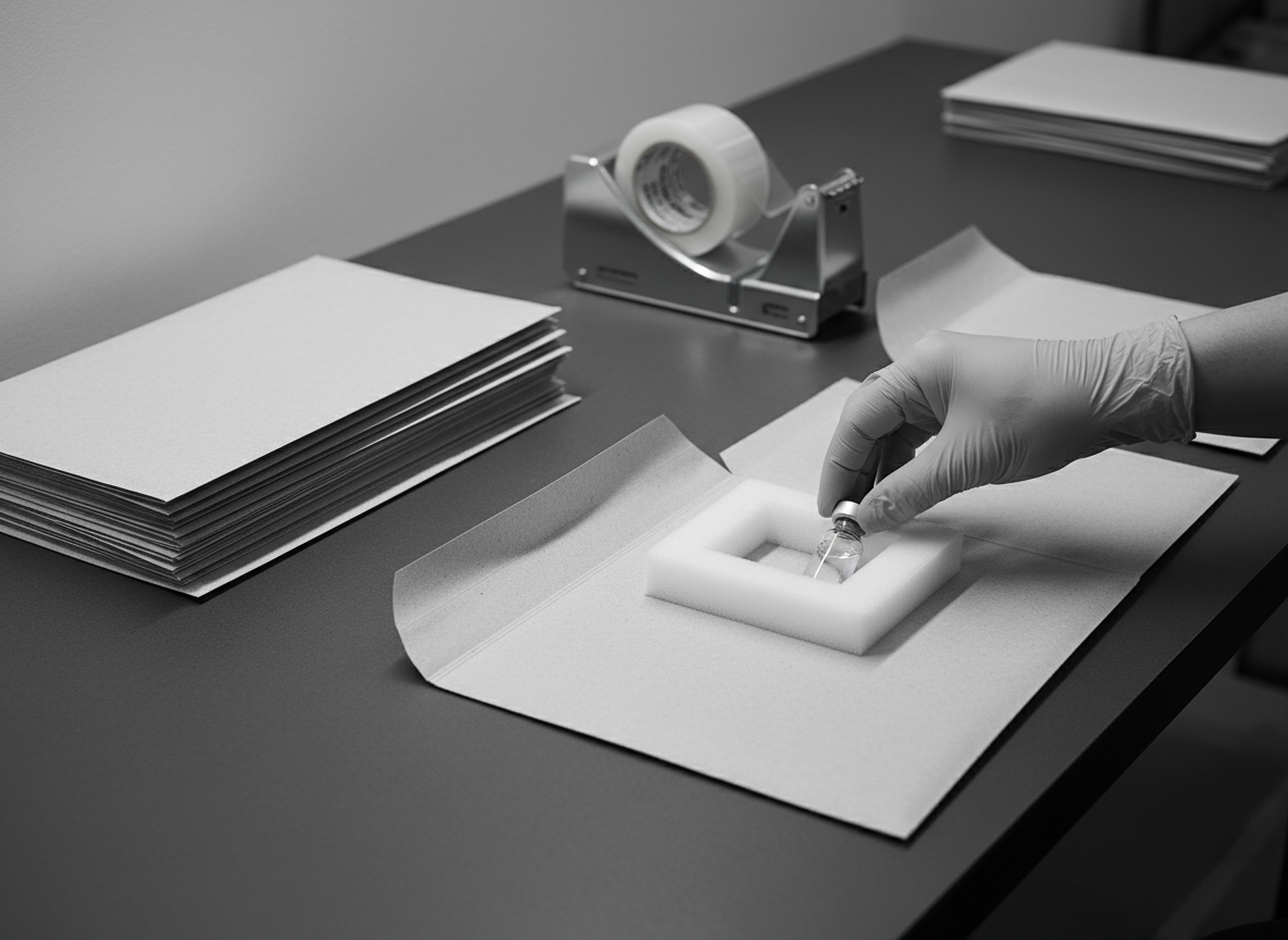 A gloved hand placing a sealed vial into protective foam inside plain packaging on a dispatch bench