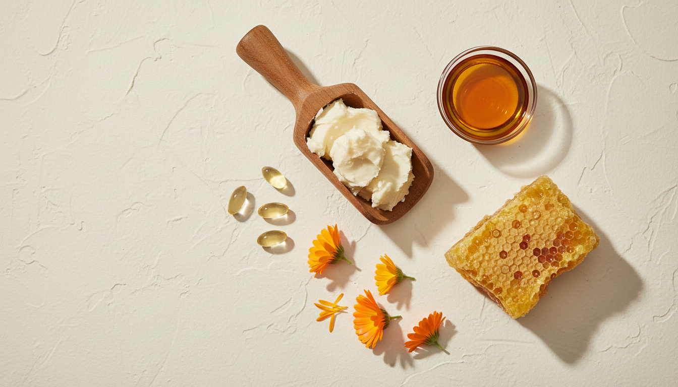 Overhead flat lay of raw shea butter, rosehip oil, calendula flowers, beeswax honeycomb and vitamin E capsules