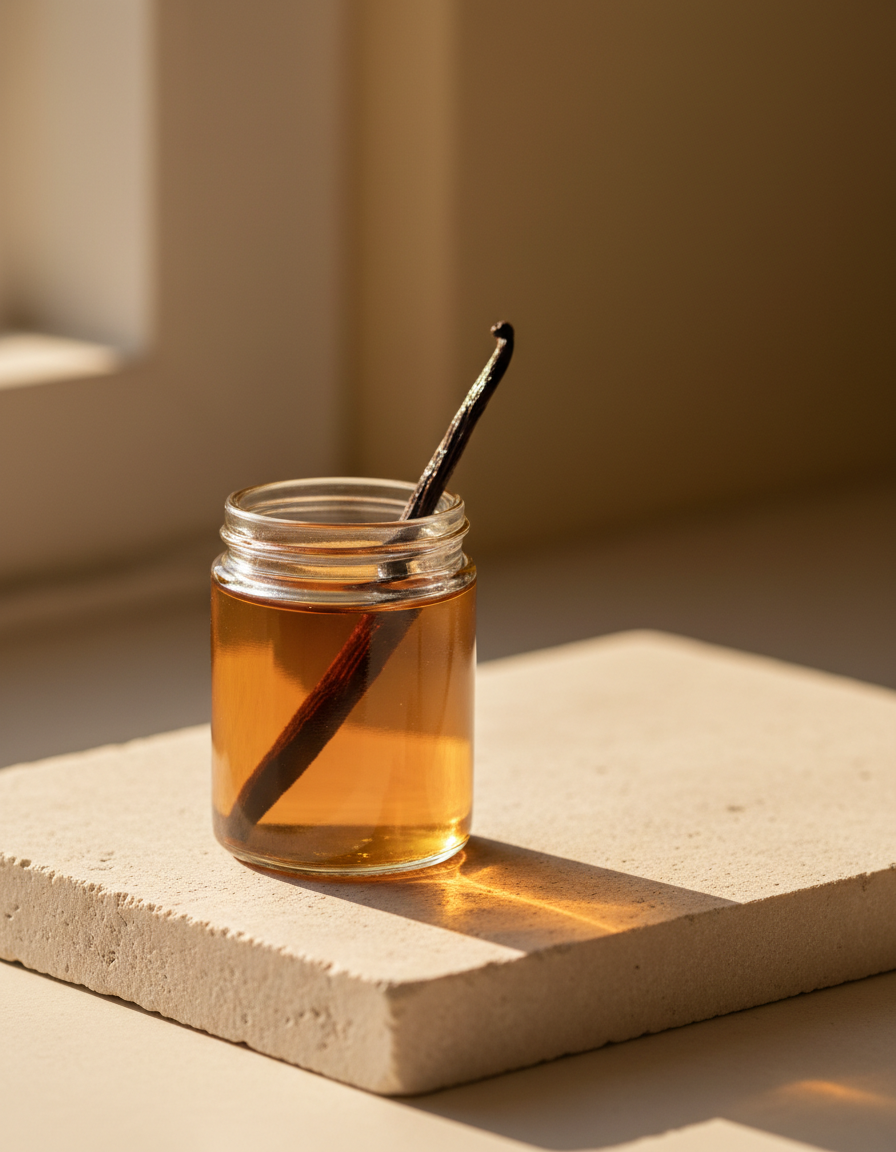 Small glass jar of homemade vanilla extract with a whole bean inside