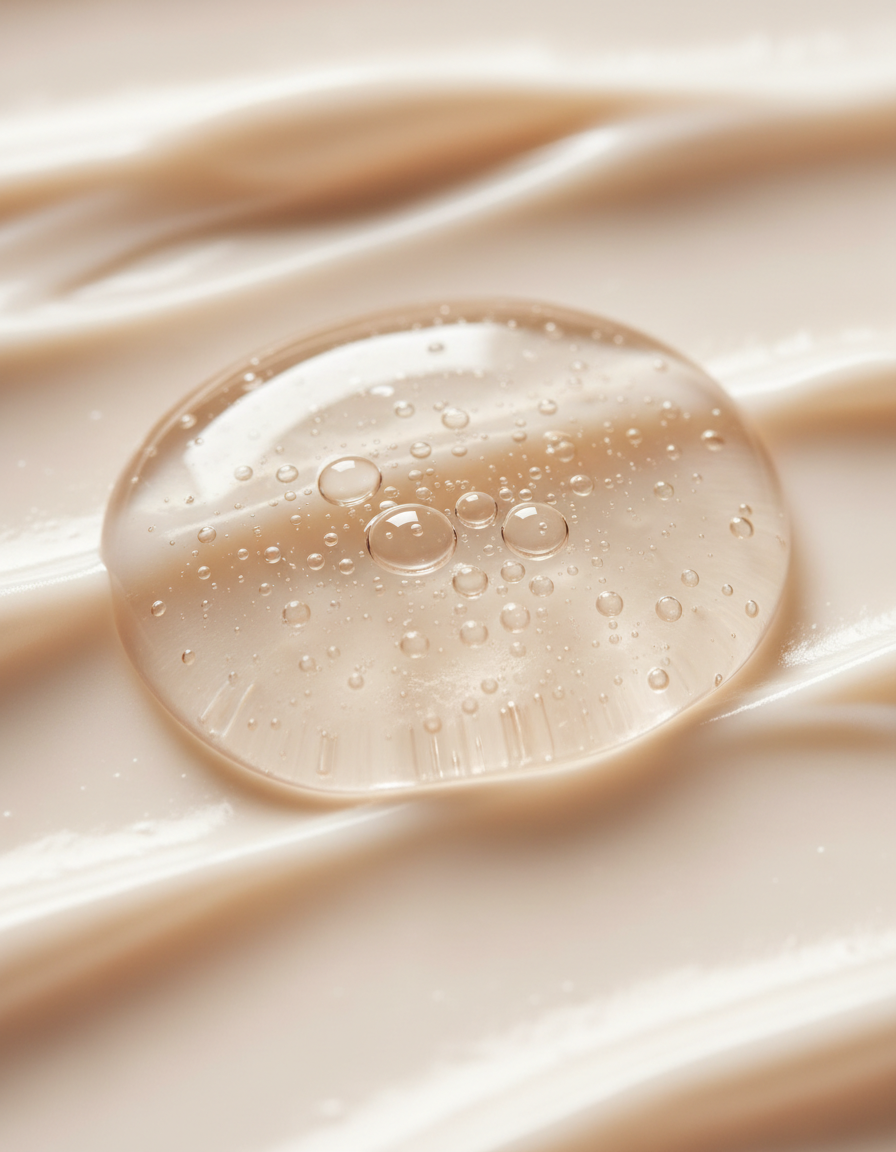 Dewy hydrating gel texture on a cream surface