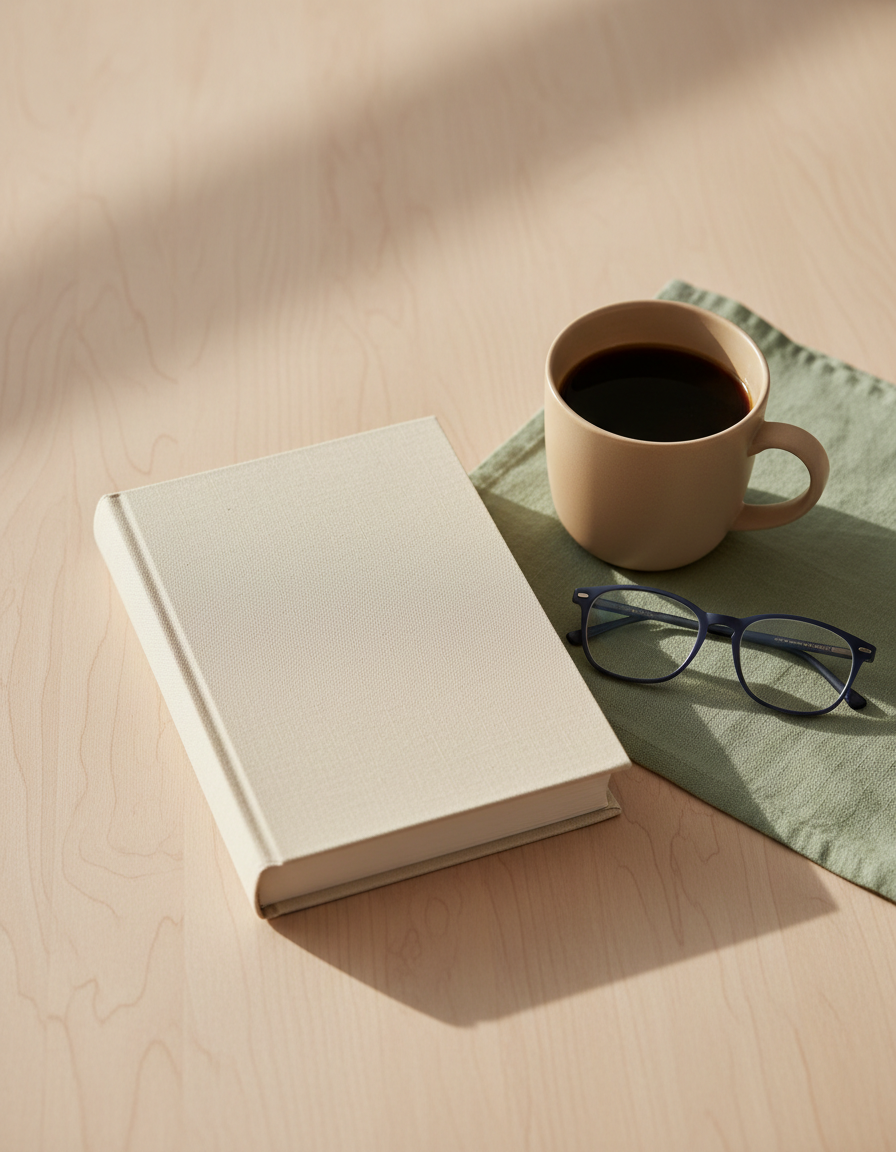The book lying closed on an oak table beside a mug of coffee and reading glasses