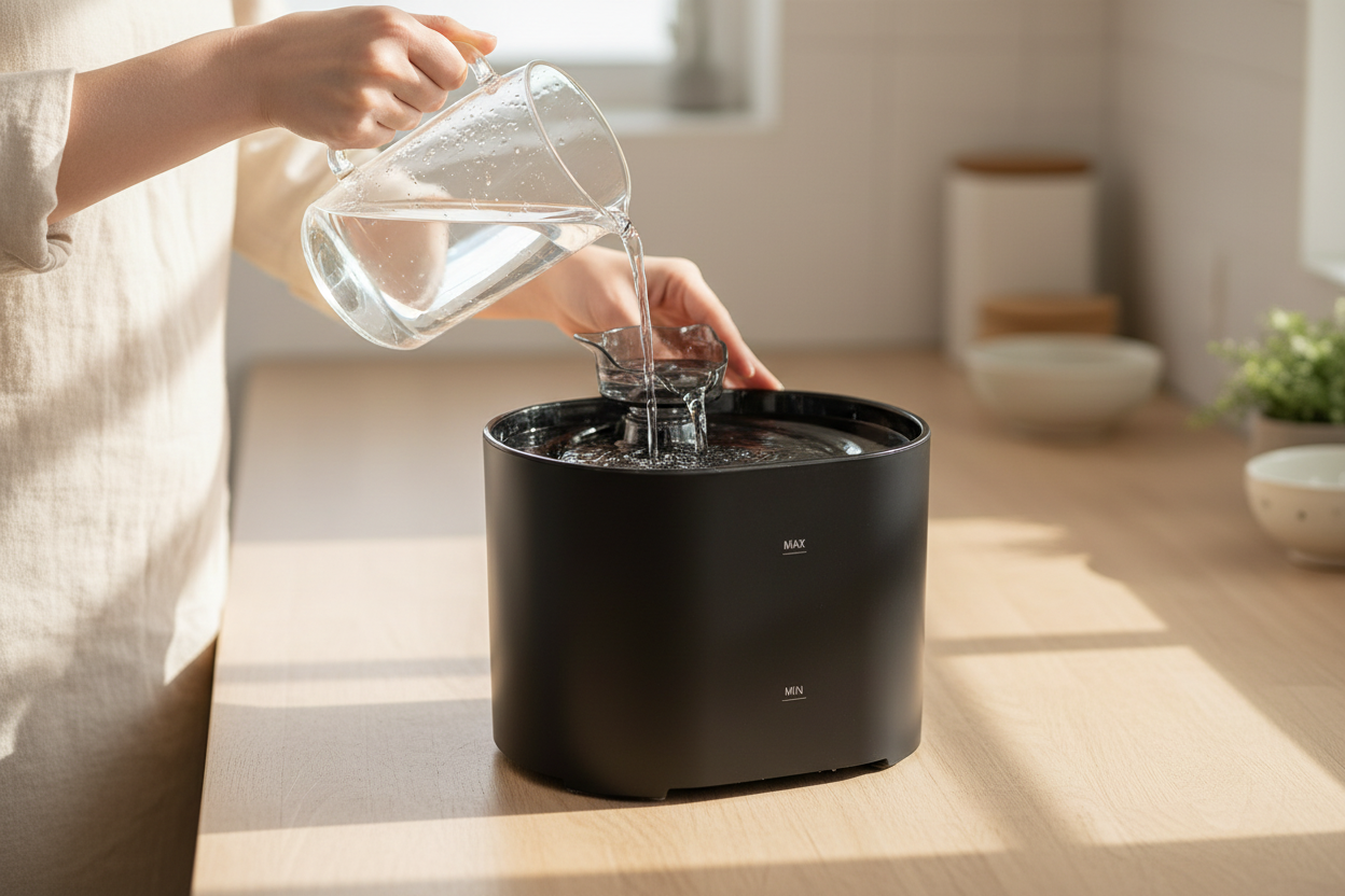 Fresh water being poured from a glass pitcher into the fountain's tank on a kitchen counter