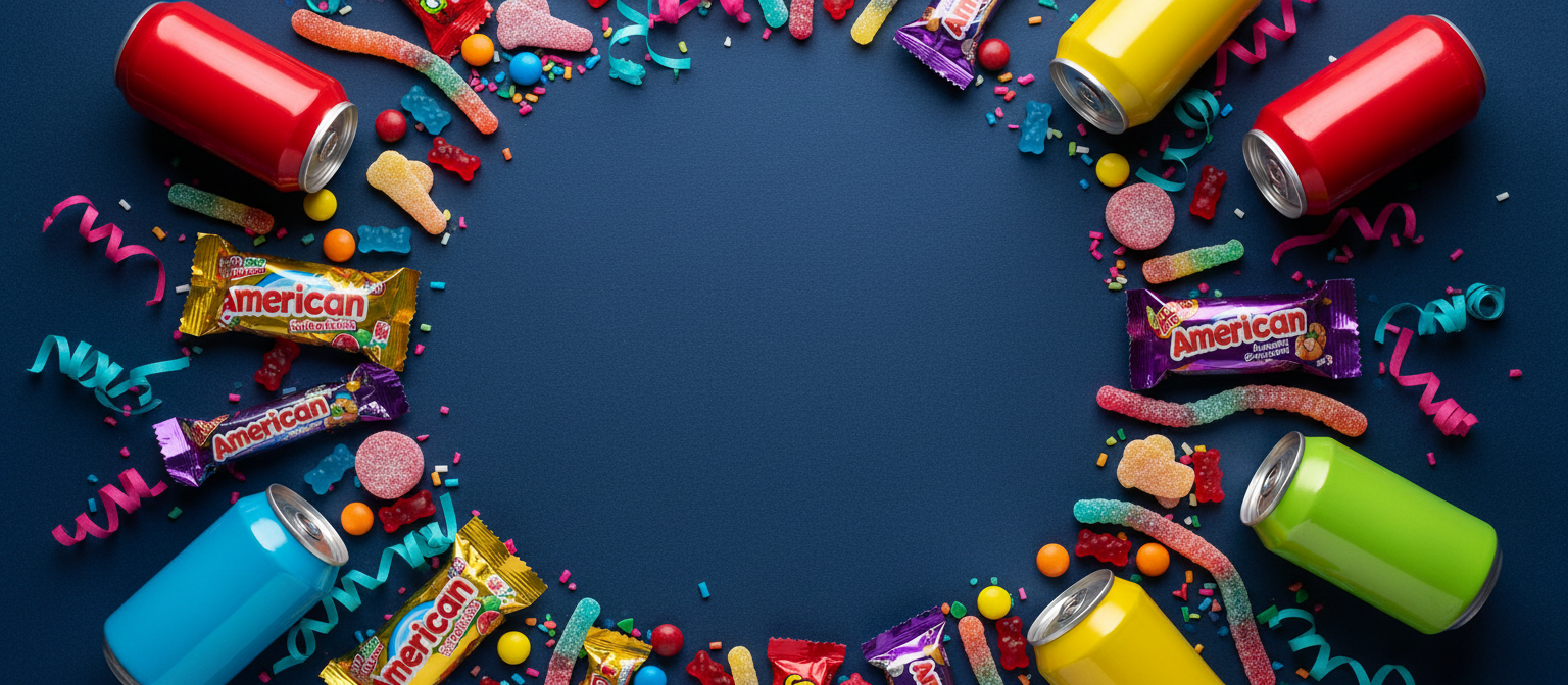 Colourful sweets, chocolate bars and confetti scattered on a navy background