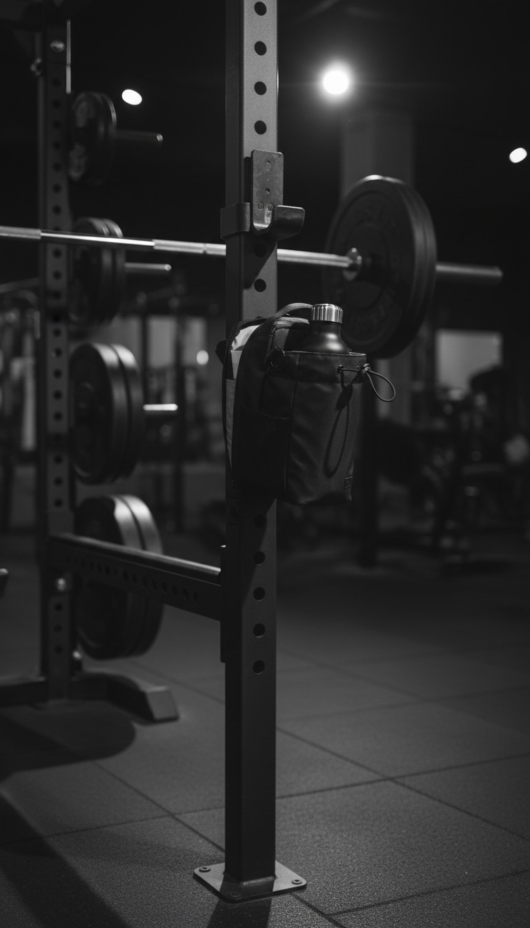 Training Dock mounted on a squat rack upright at chest height with a bottle in the sleeve