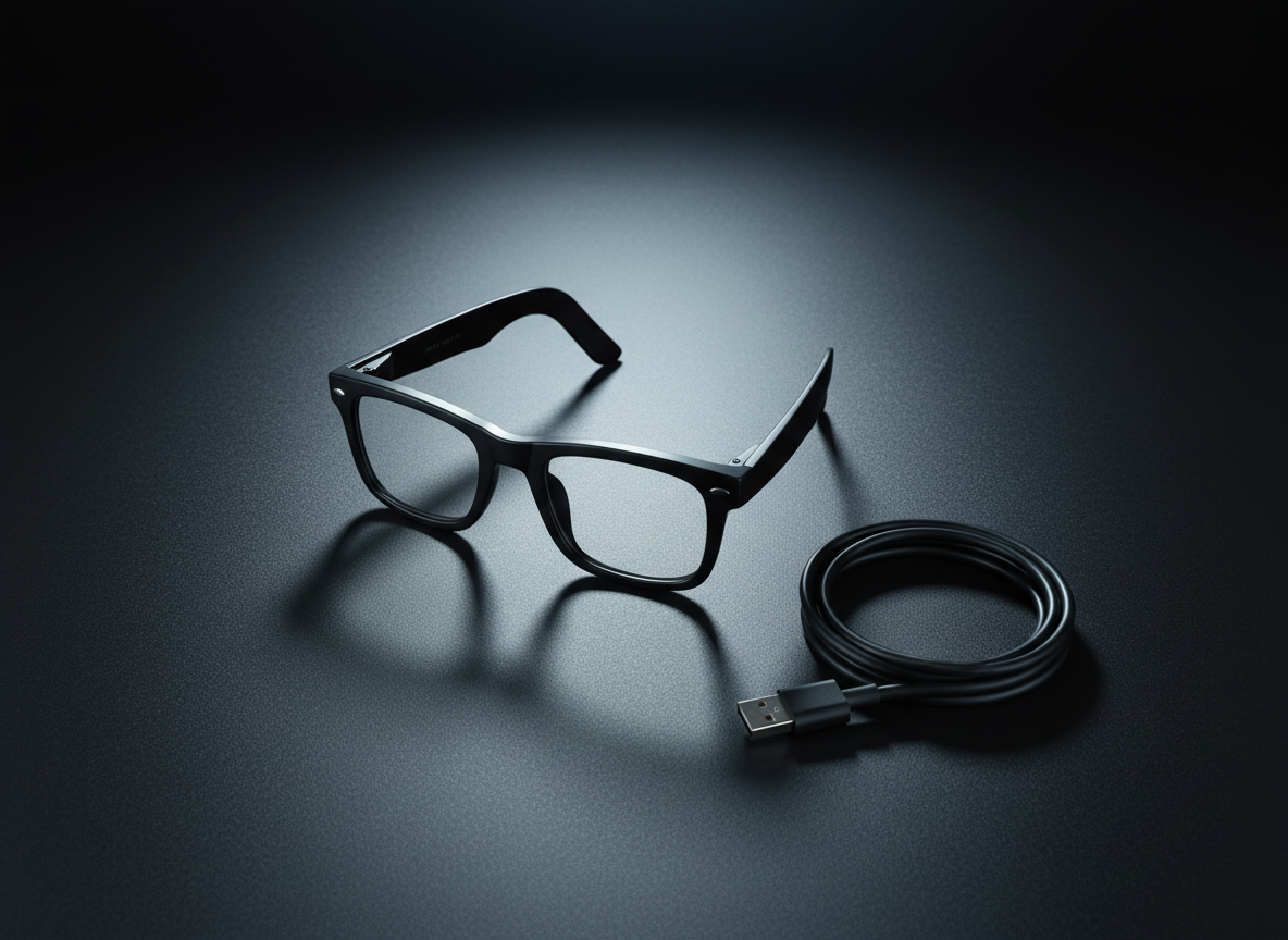 NEXVO One folded closed on a dark desk beside its coiled charging cable