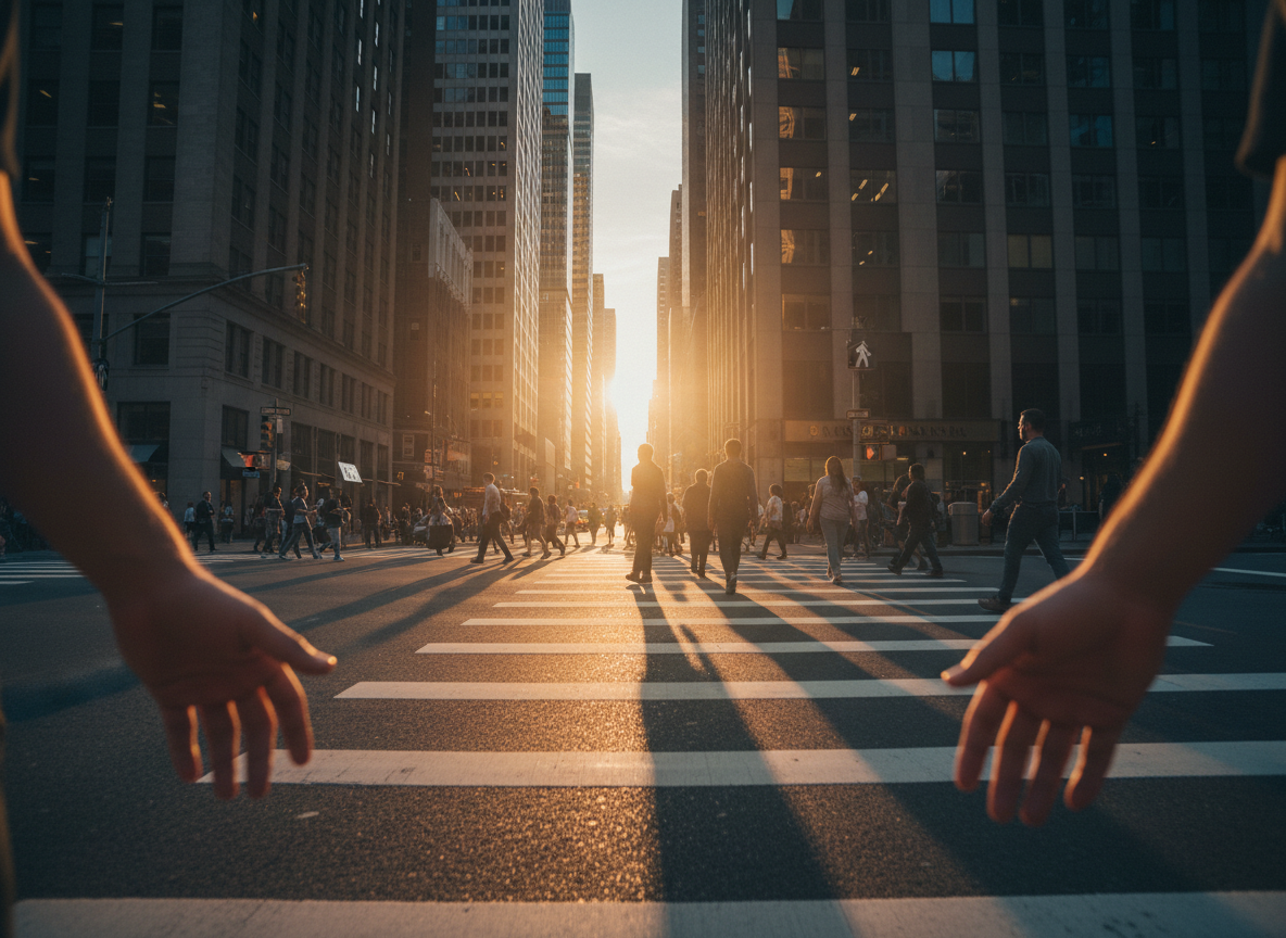 A first-person view of a city crosswalk at golden hour, the kind of scene NEXVO One records