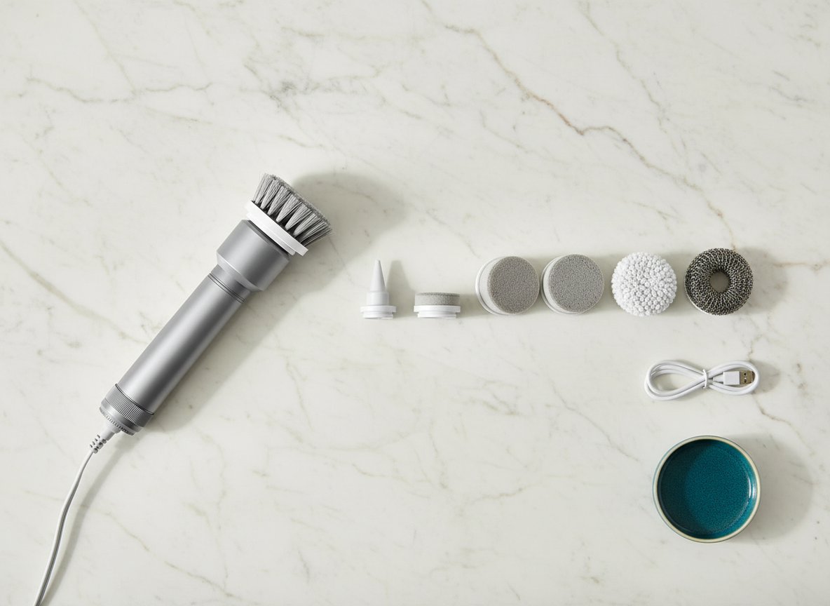 La brosse de nettoyage posée à côté de ses cinq têtes de brosse remplaçables et de son câble de recharge