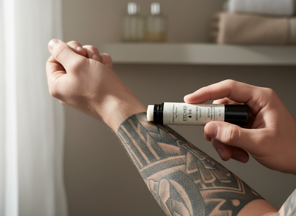 Hand gliding the Etched Ink balm stick along a black and grey forearm tattoo in morning light