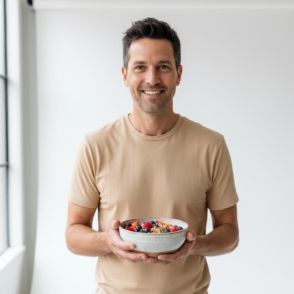 Man in his thirties holding a breakfast bowl